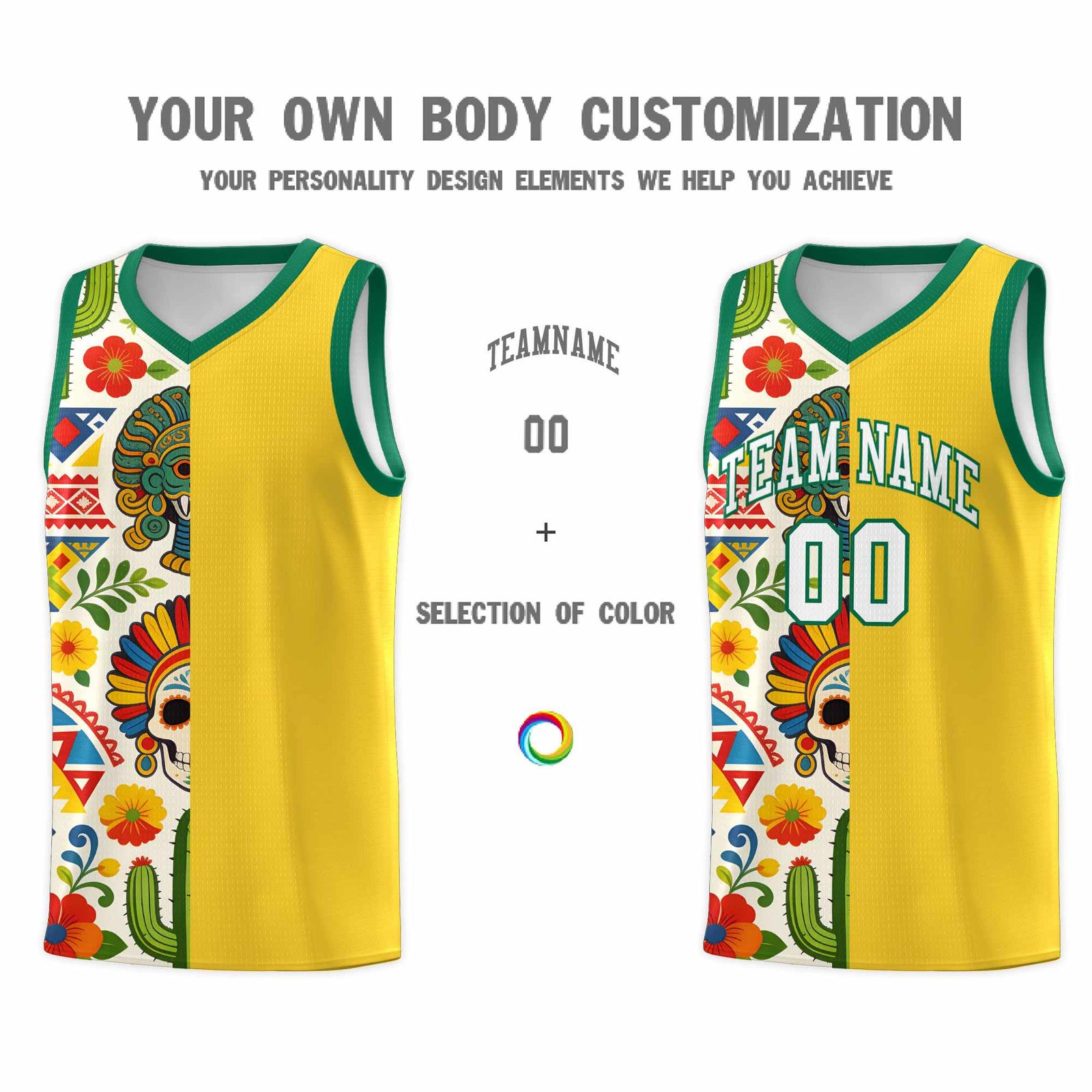 Custom Gold Skeleton Mexican Colors Graffiti Patterns Lightweight Uniform Basketball Jersey