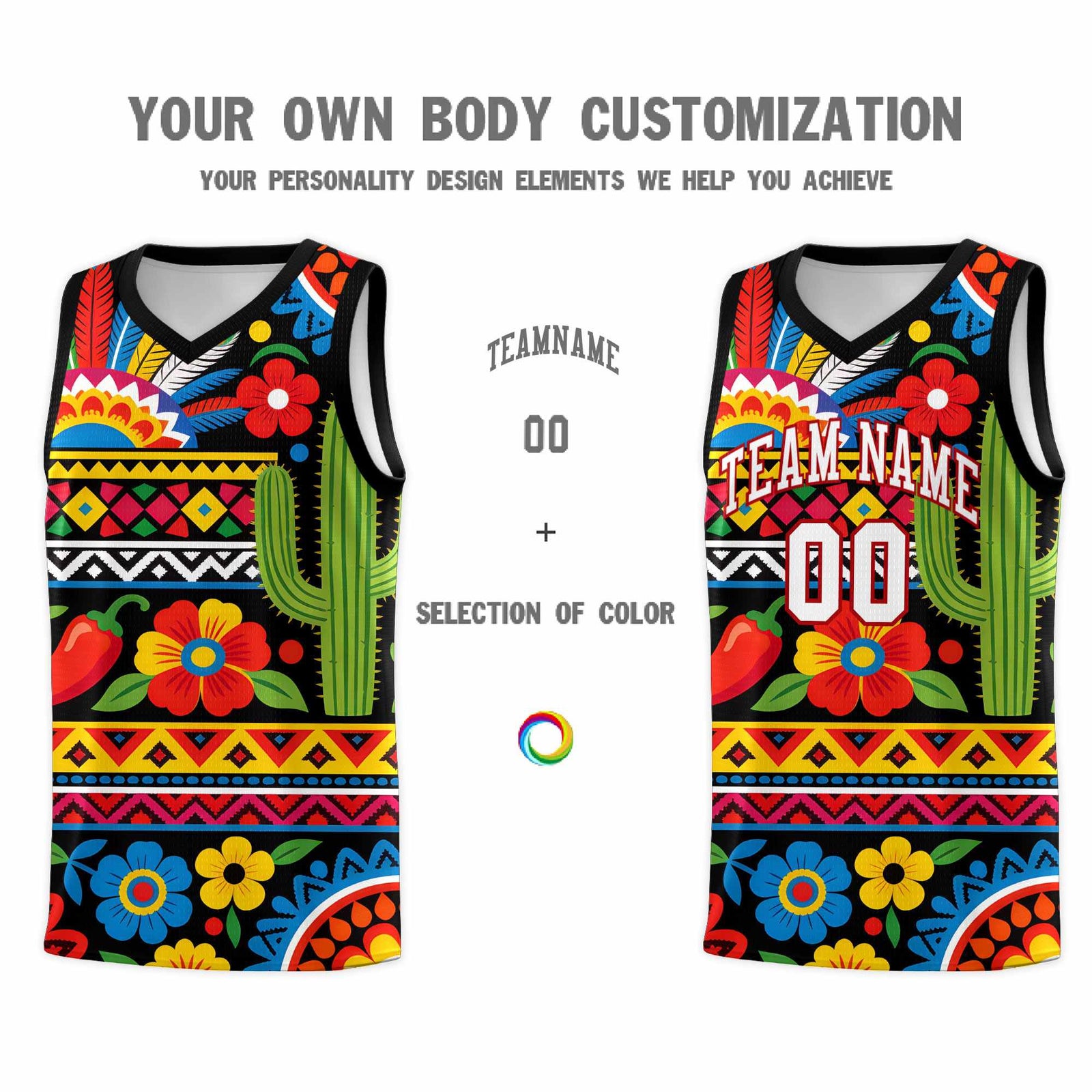 Custom Black Cactus Mexican Colors Graffiti Patterns Wrinkle-Resistant Uniform Basketball Jersey
