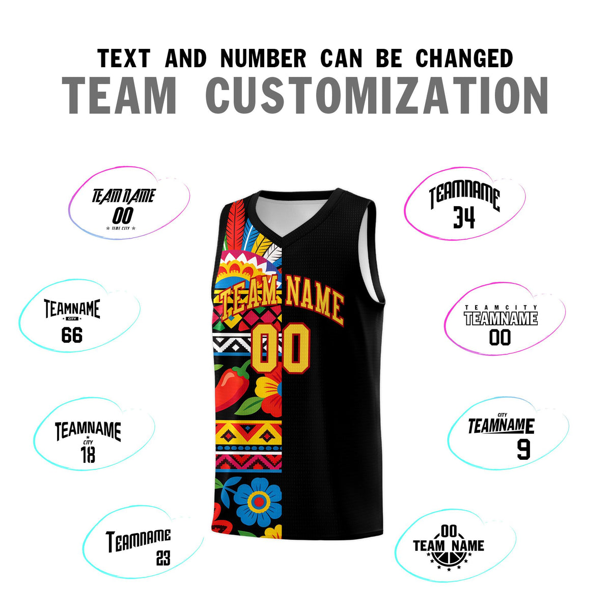 Custom Black Cactus Mexican Colors Graffiti Patterns Drapable Uniform Basketball Jersey