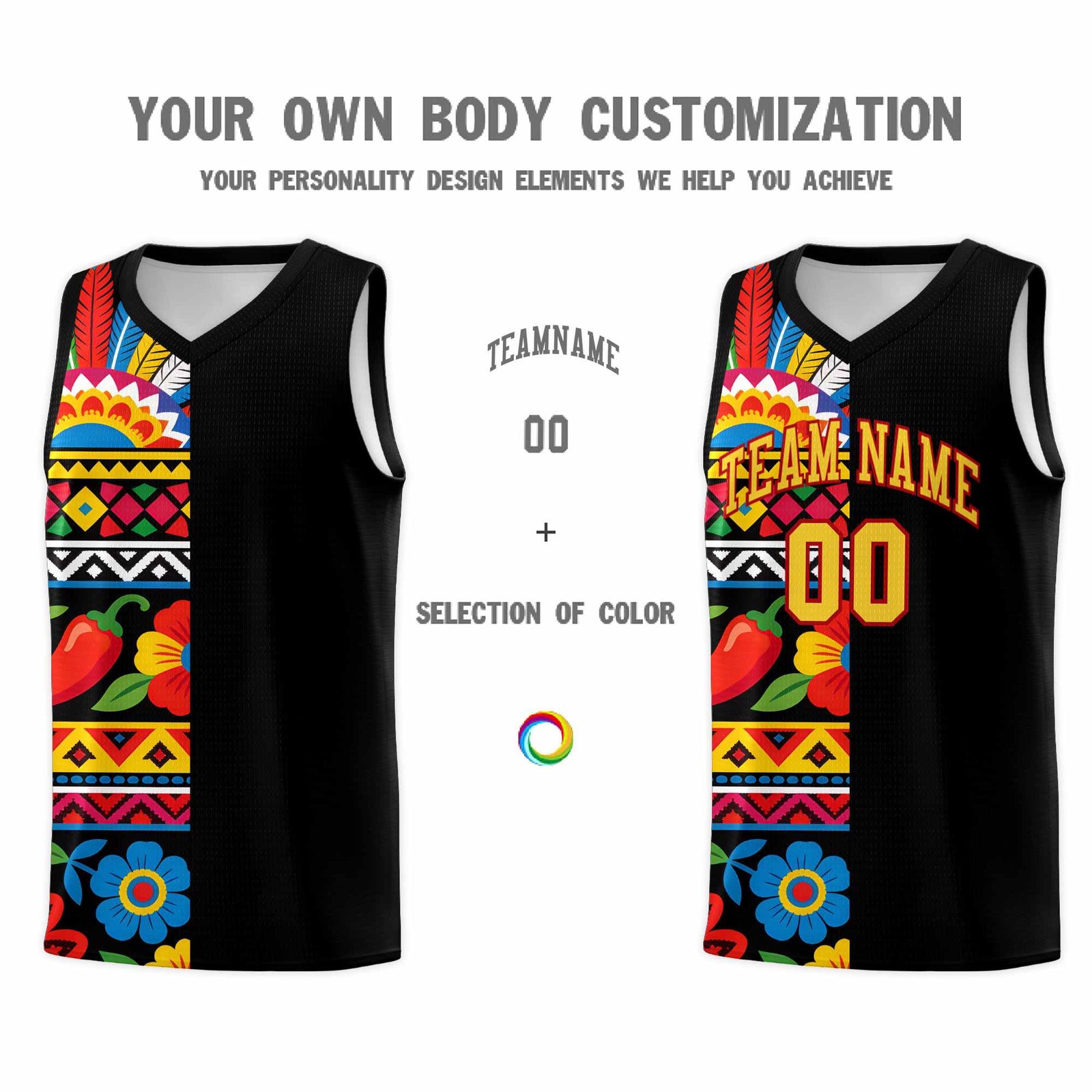 Custom Black Cactus Mexican Colors Graffiti Patterns Drapable Uniform Basketball Jersey
