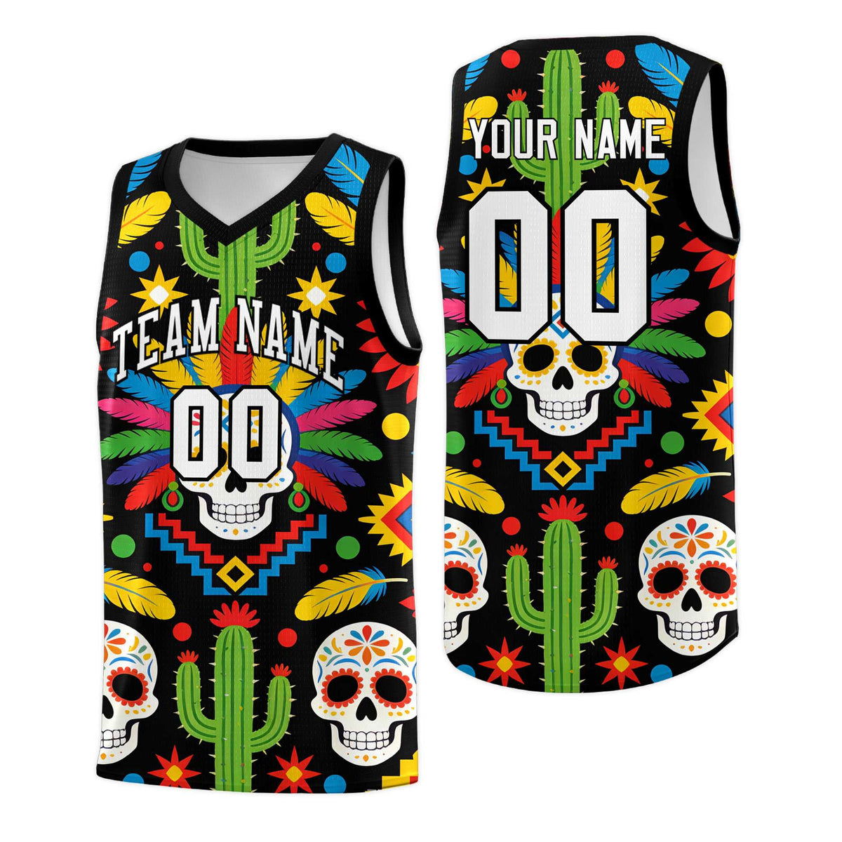 Custom Black Skeleton Mexican Colors Graffiti Patterns Sublimation Printing Uniform Basketball Jersey