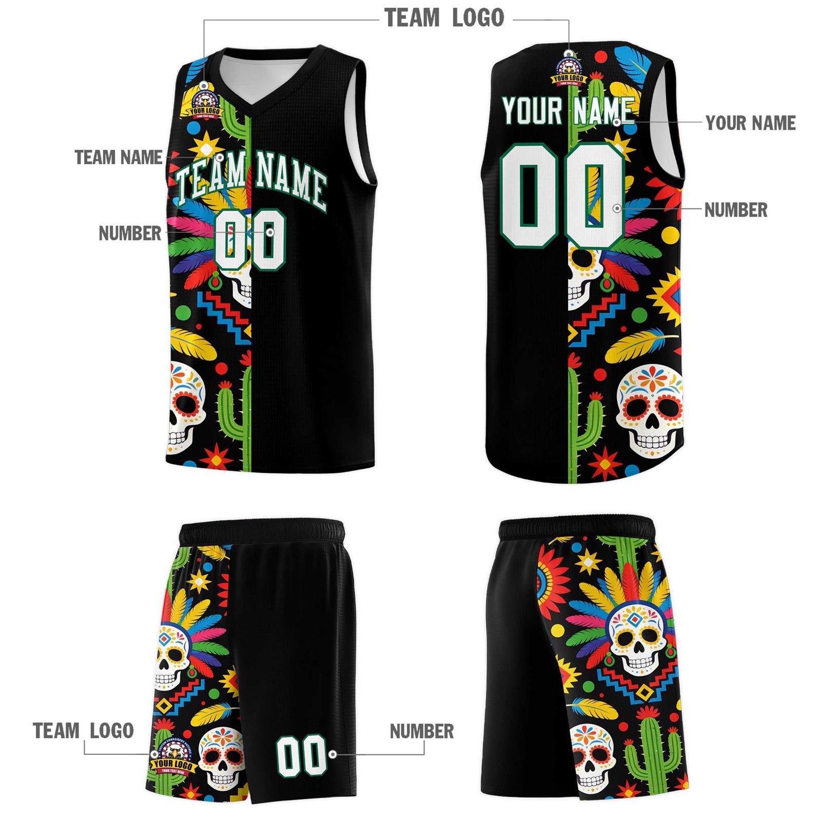 Custom Black Skeleton Mexican Colors Graffiti Patterns Breathable Uniform Basketball Jersey