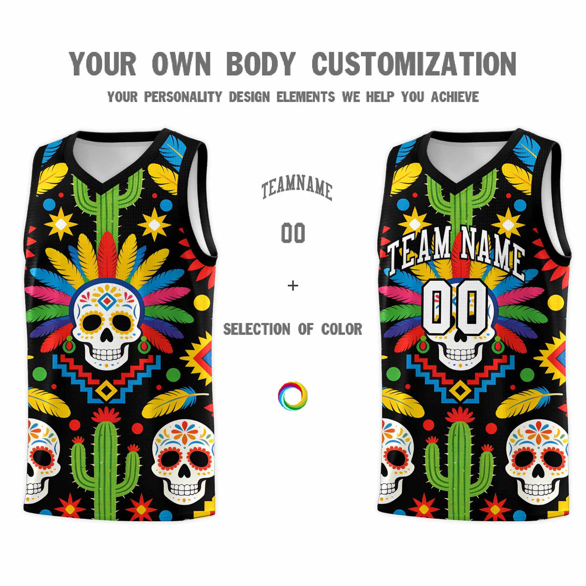 Custom Black Skeleton Mexican Colors Graffiti Patterns Quick-Drying Uniform Basketball Jersey