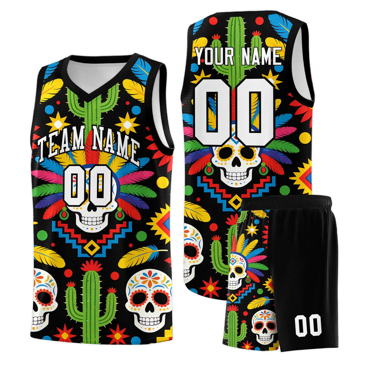 Custom Black Skeleton Mexican Colors Graffiti Patterns Quick-Drying Uniform Basketball Jersey