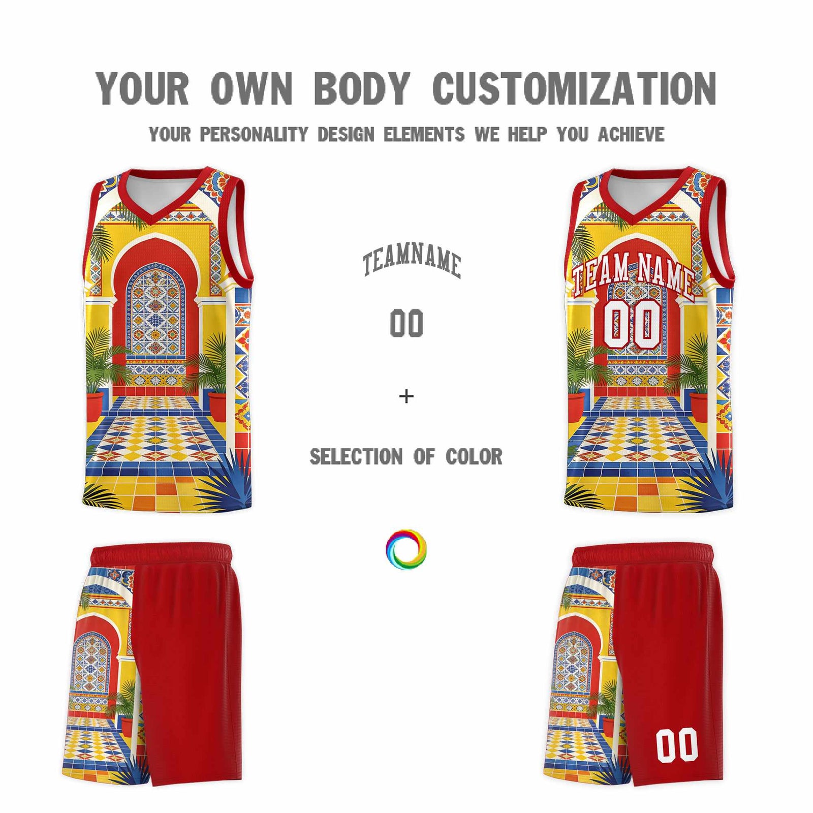 Custom Palace pattern Red Mexican Colors Graffiti Patterns Sublimation Printing Uniform Basketball Jersey