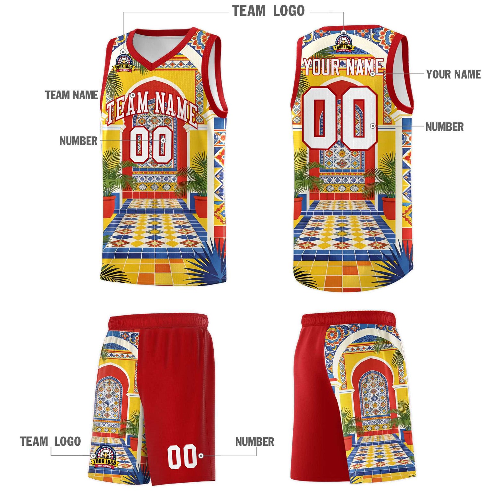 Custom Palace pattern Red Mexican Colors Graffiti Patterns Sublimation Printing Uniform Basketball Jersey