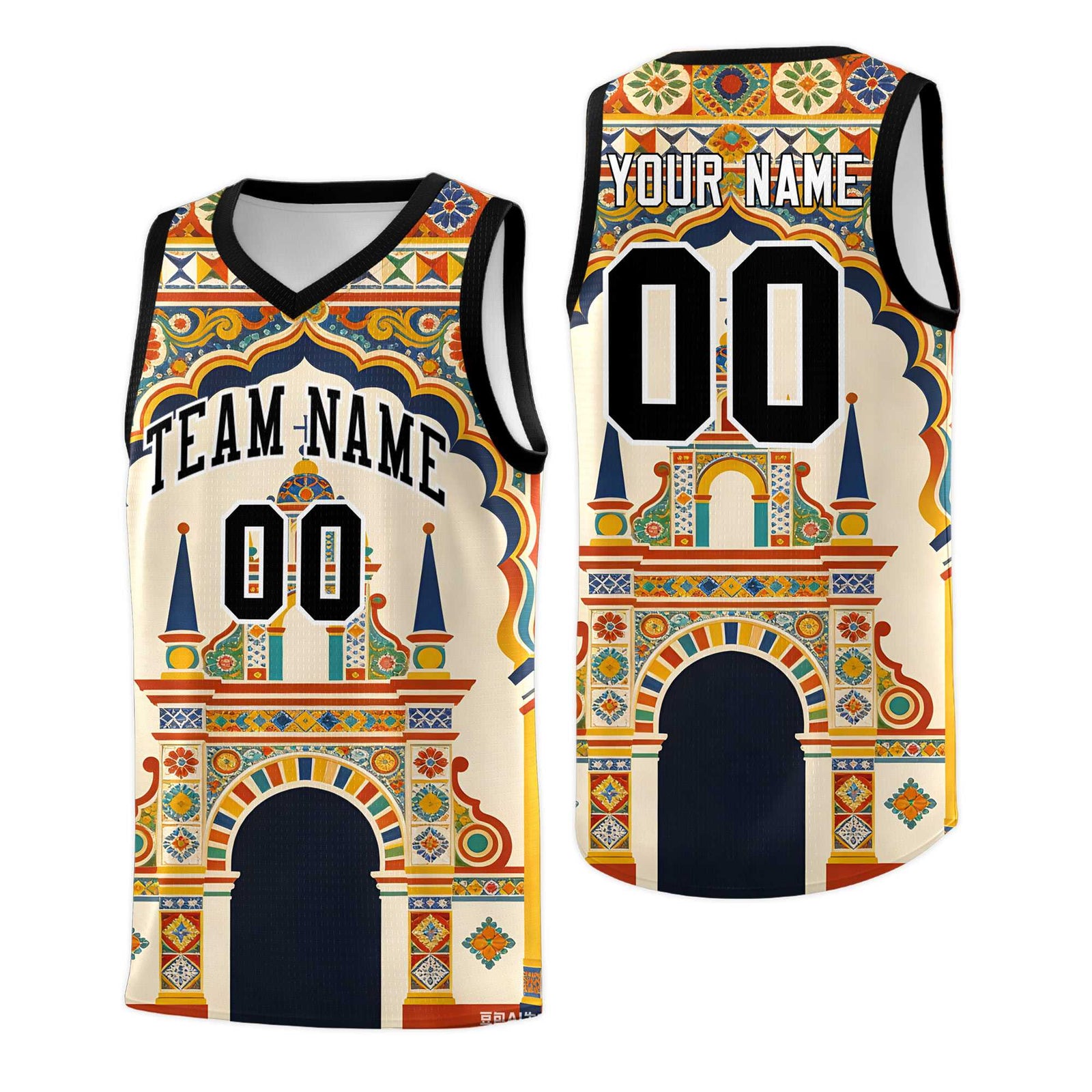 Custom Palace pattern Black Mexican Colors Graffiti Patterns Breathable Uniform Basketball Jersey