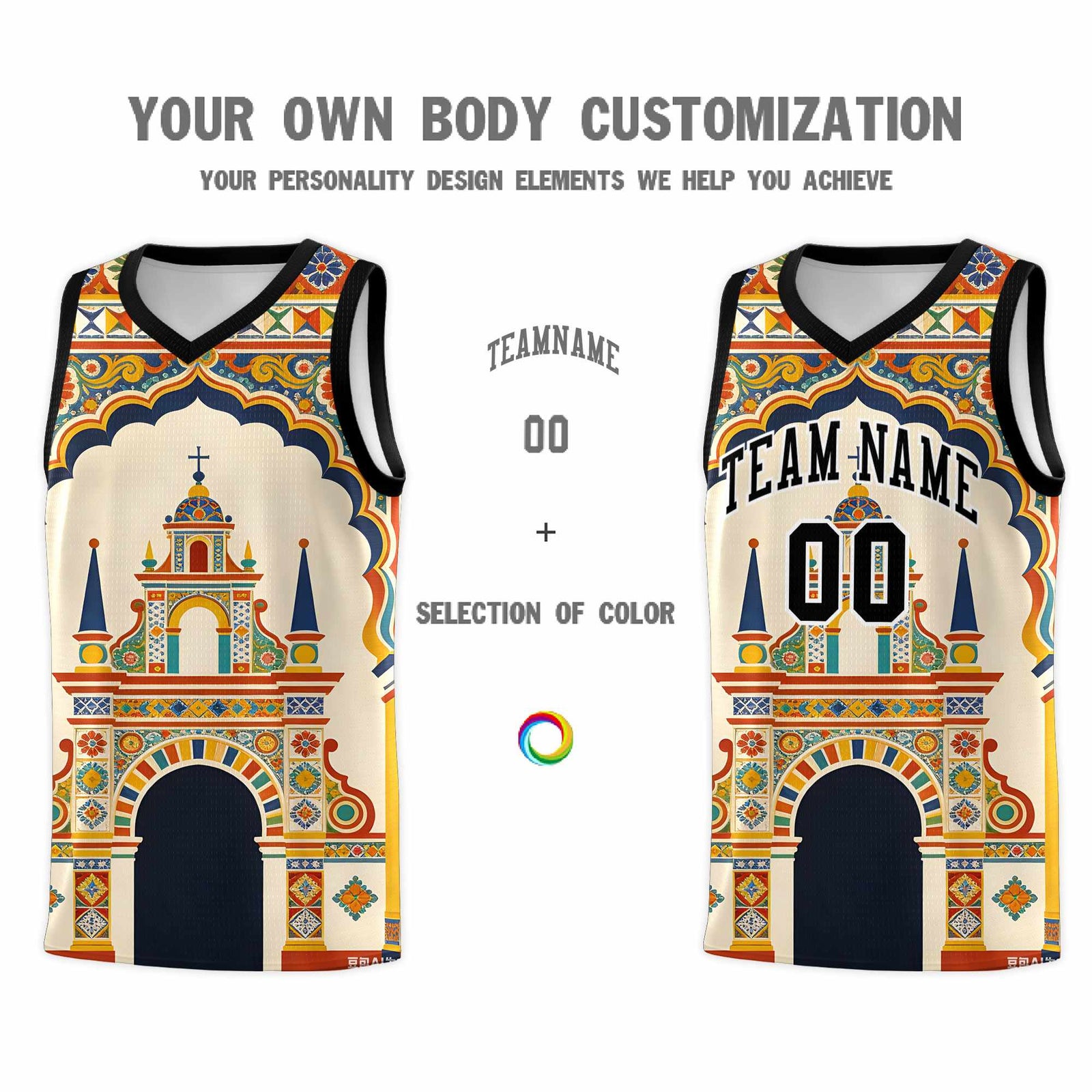 Custom Palace pattern Black Mexican Colors Graffiti Patterns Breathable Uniform Basketball Jersey