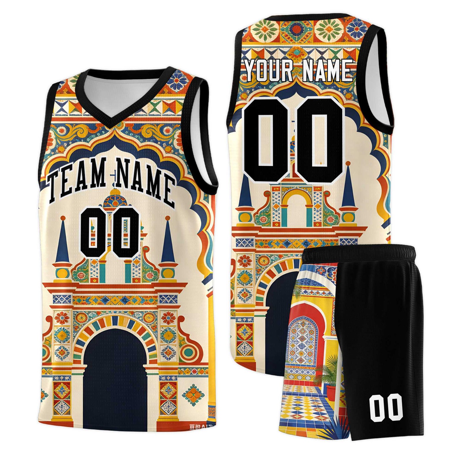 Custom Palace pattern Black Mexican Colors Graffiti Patterns Breathable Uniform Basketball Jersey