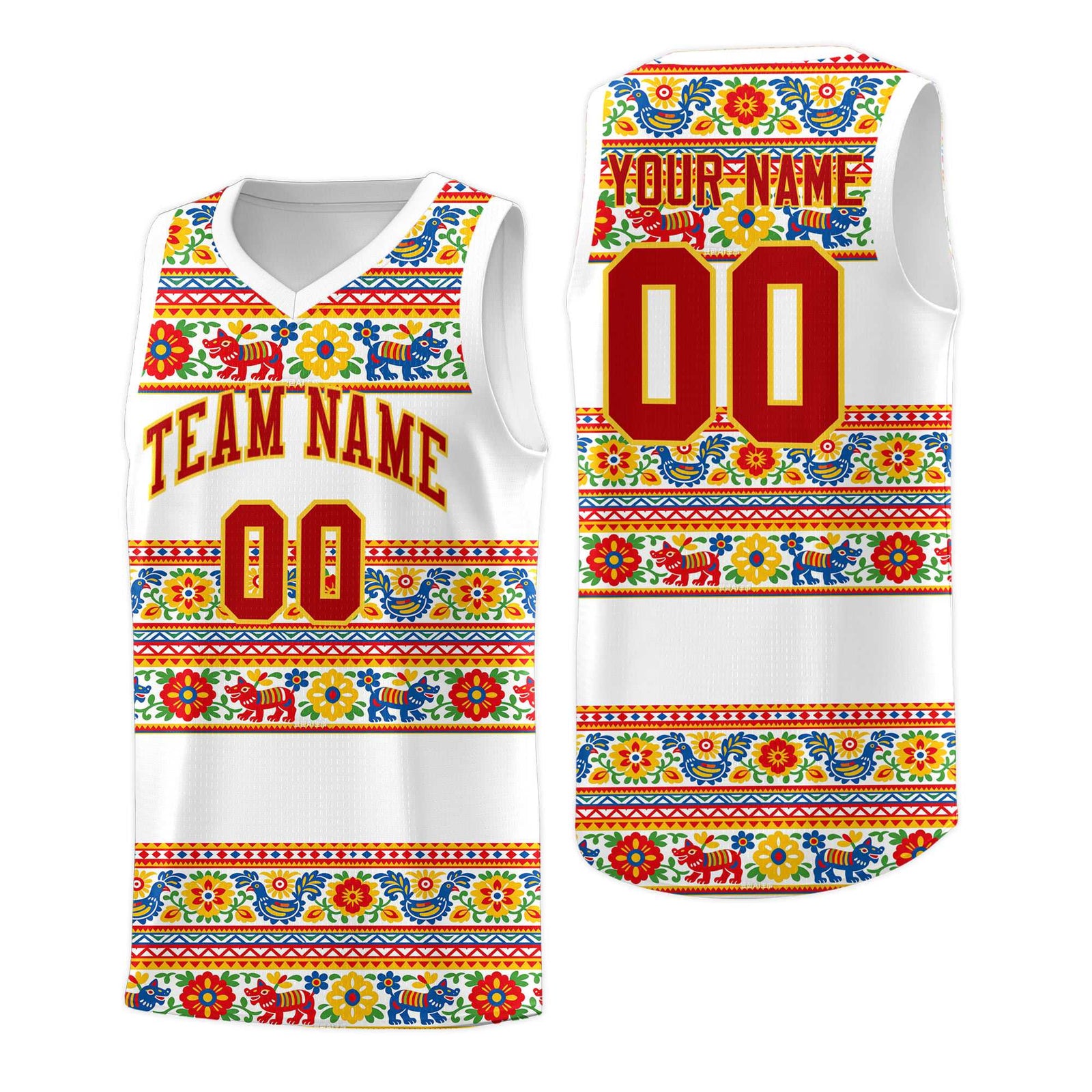 Custom White Colorfulflower pattern Mexican Colors Graffiti Patterns Quick-Drying Uniform Basketball Jersey