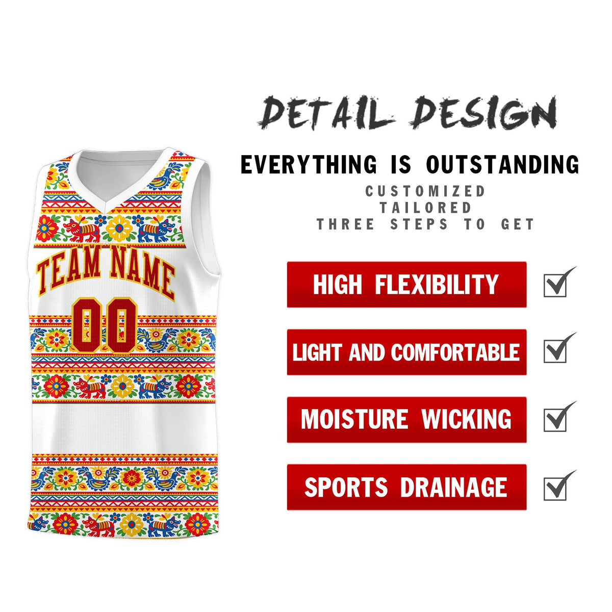 Custom White Colorfulflower pattern Mexican Colors Graffiti Patterns Quick-Drying Uniform Basketball Jersey
