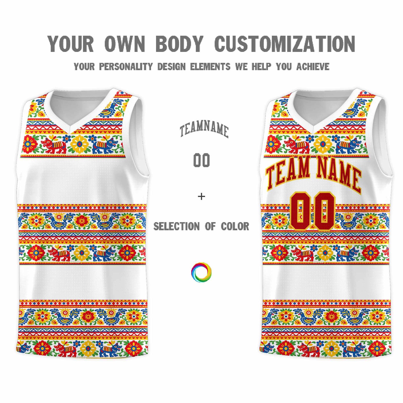 Custom White Colorfulflower pattern Mexican Colors Graffiti Patterns Quick-Drying Uniform Basketball Jersey