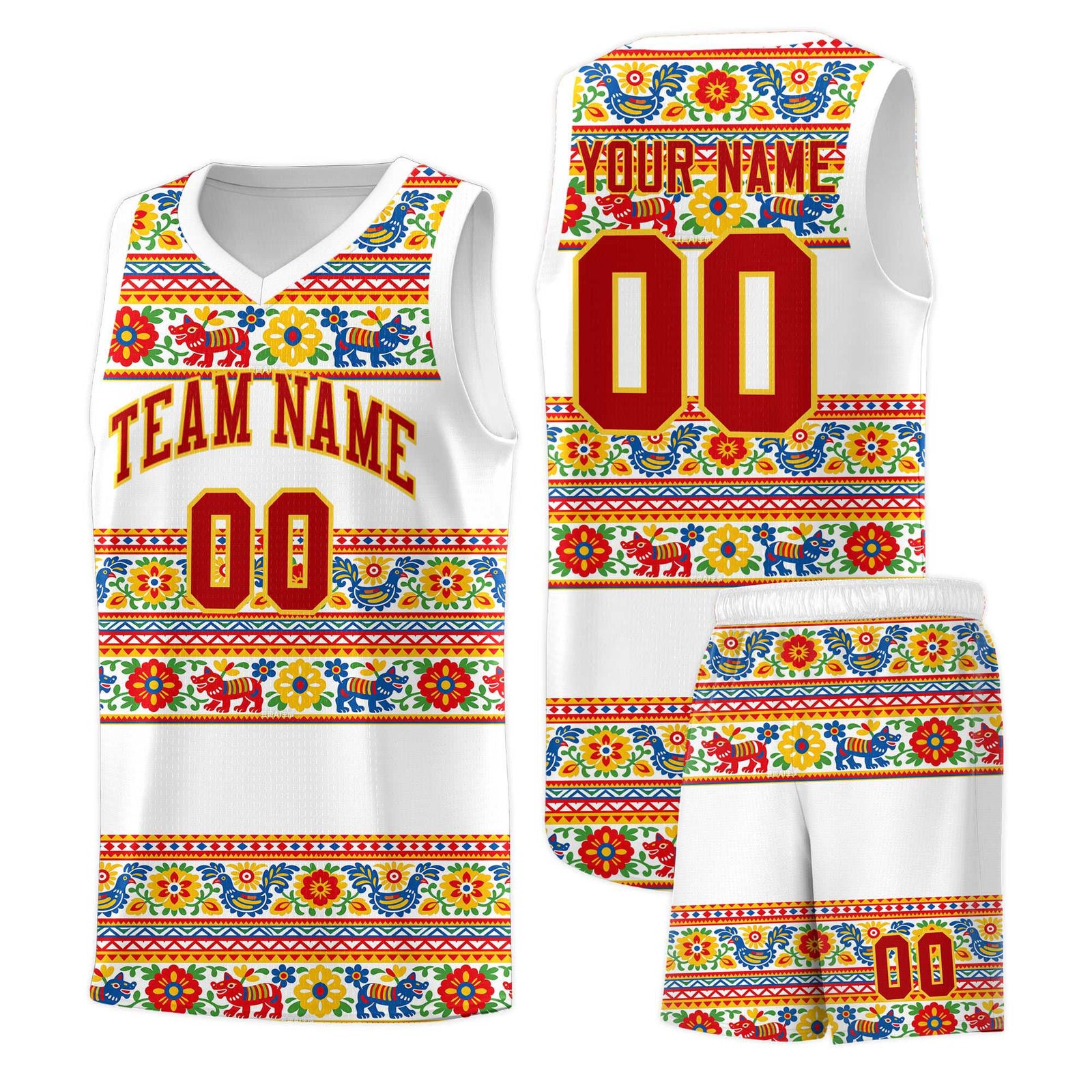 Custom White Colorfulflower pattern Mexican Colors Graffiti Patterns Quick-Drying Uniform Basketball Jersey