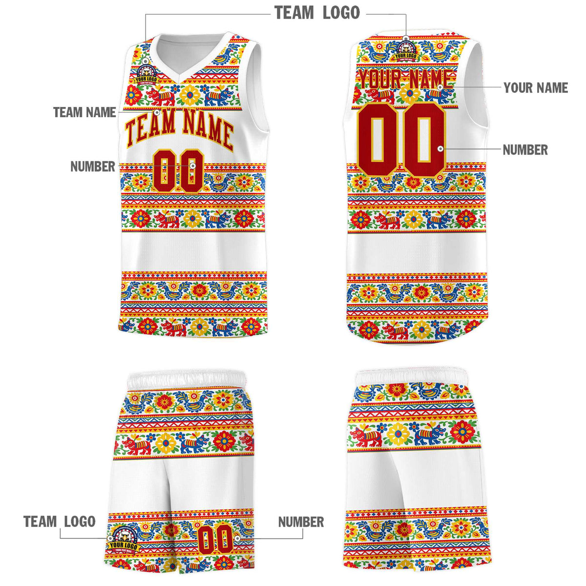 Custom White Colorfulflower pattern Mexican Colors Graffiti Patterns Quick-Drying Uniform Basketball Jersey