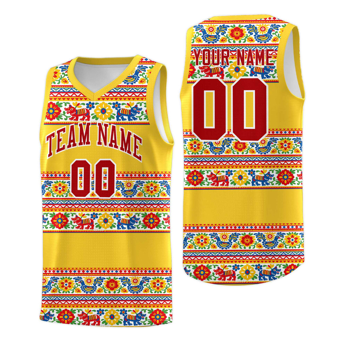 Custom Gold Colorfulflower pattern Mexican Colors Graffiti Patterns Lightweight Uniform Basketball Jersey