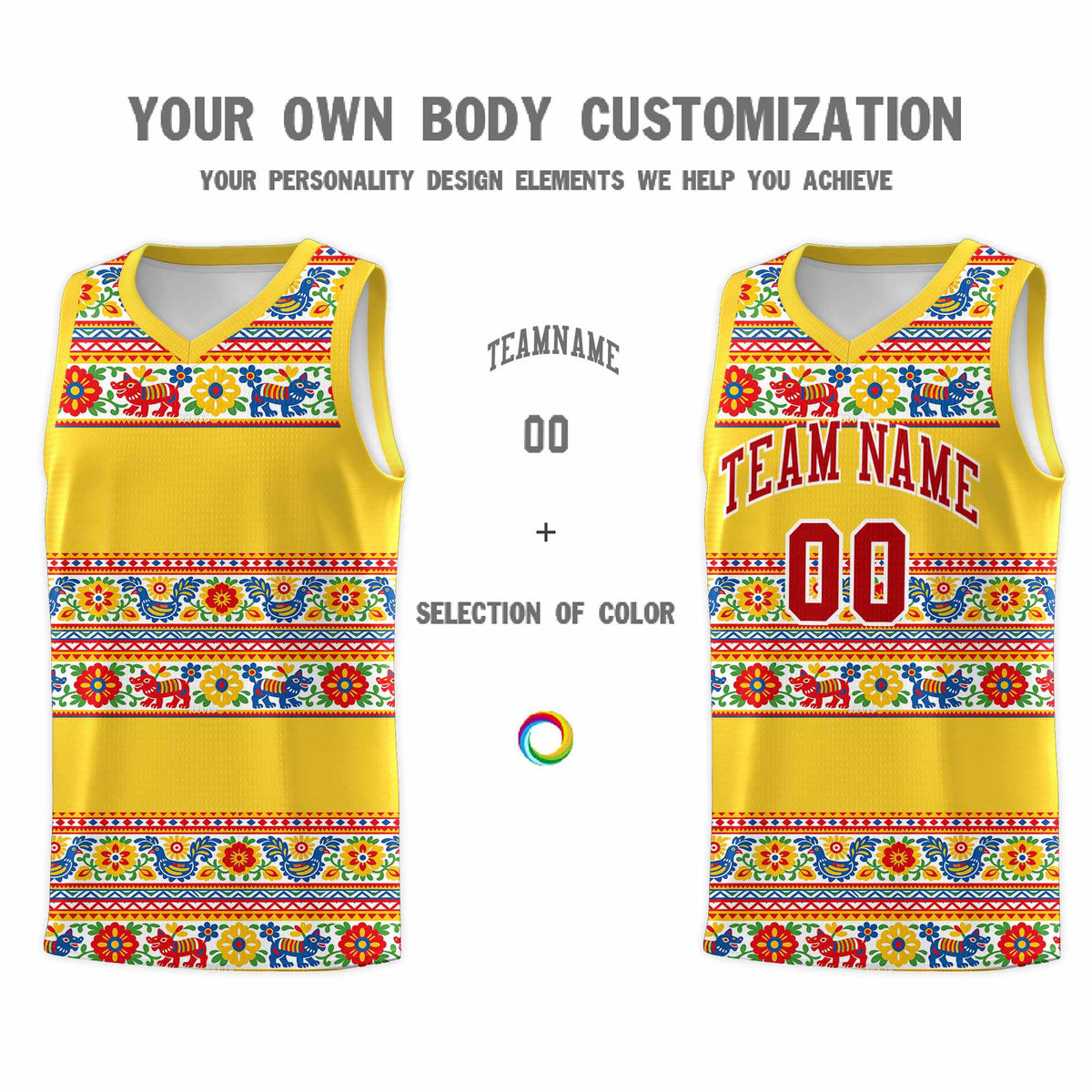 Custom Gold Colorfulflower pattern Mexican Colors Graffiti Patterns Lightweight Uniform Basketball Jersey