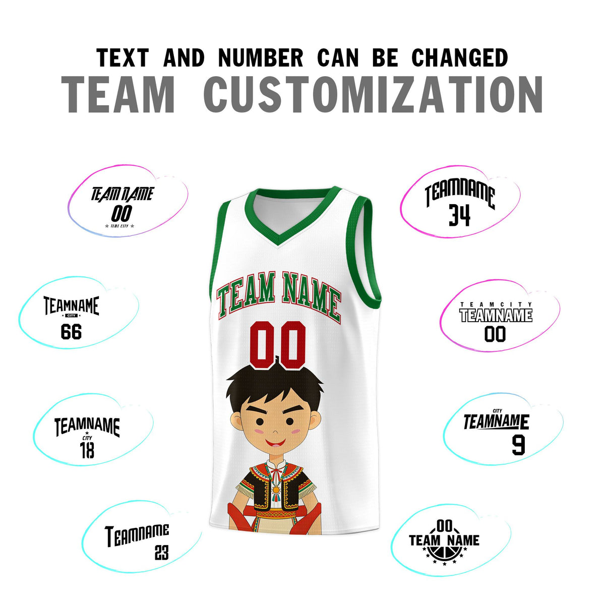 Custom White Kelly Green Mexican Colors Graffiti Patterns Breathable Uniform Basketball Jersey