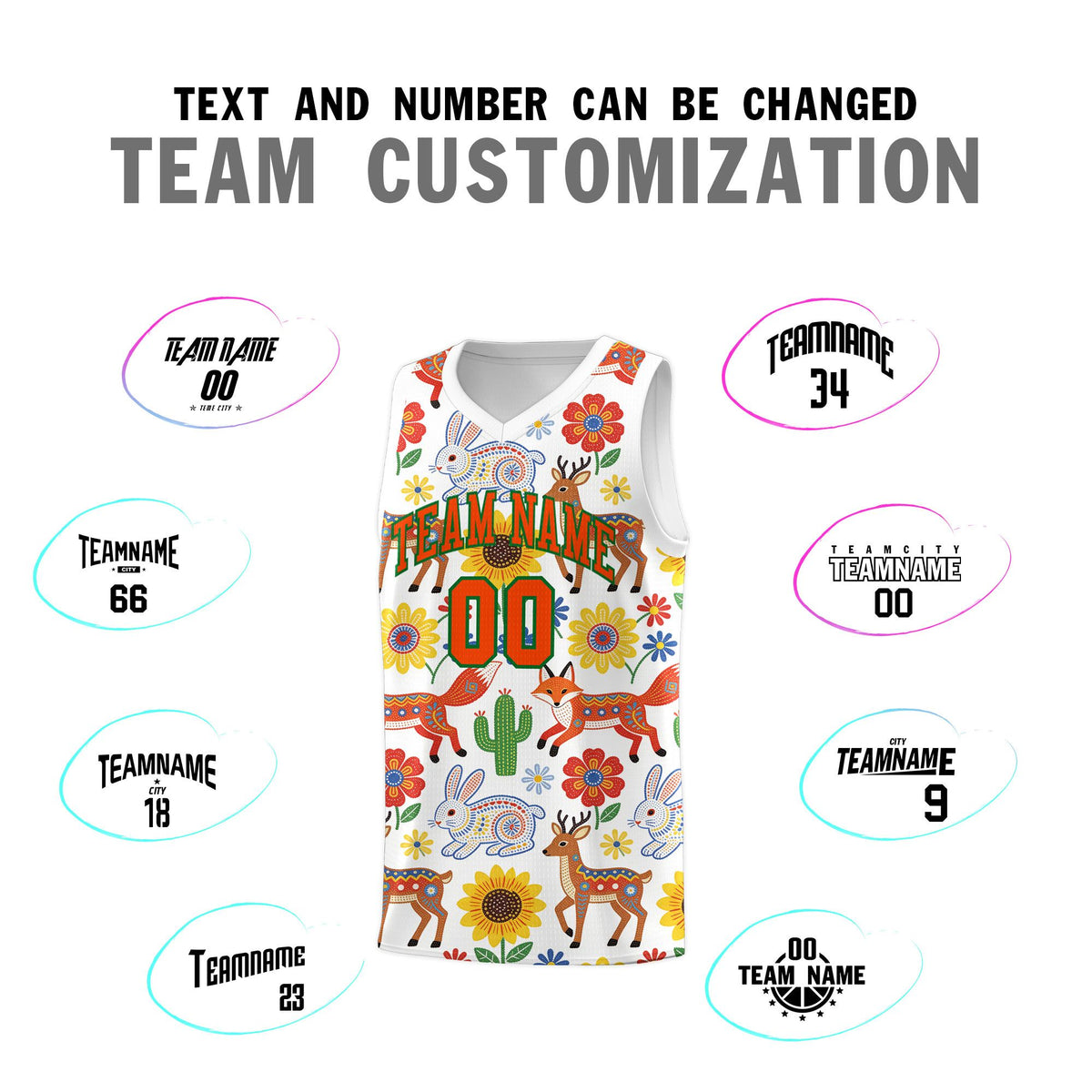 Custom White Chrysanthemum OrangeMexican Colors Graffiti Patterns Quick-Drying Uniform Basketball Jersey