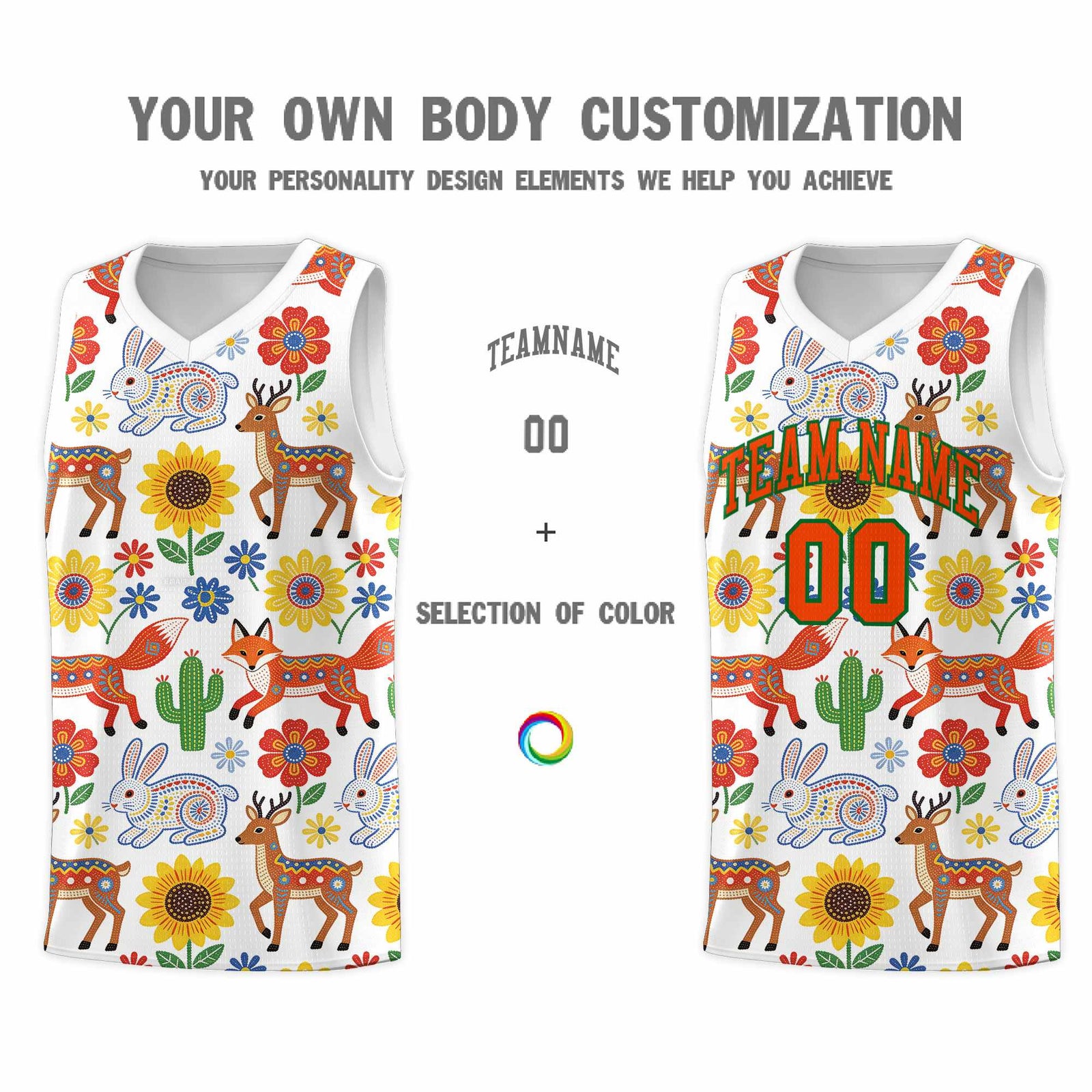 Custom White Chrysanthemum OrangeMexican Colors Graffiti Patterns Quick-Drying Uniform Basketball Jersey