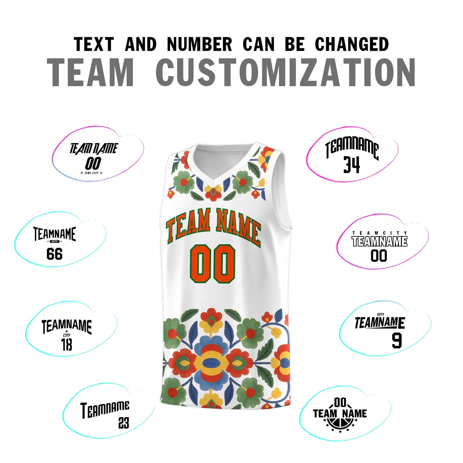 Custom White Orange Mexican Colors Graffiti Patterns Lightweight Uniform Basketball Jersey