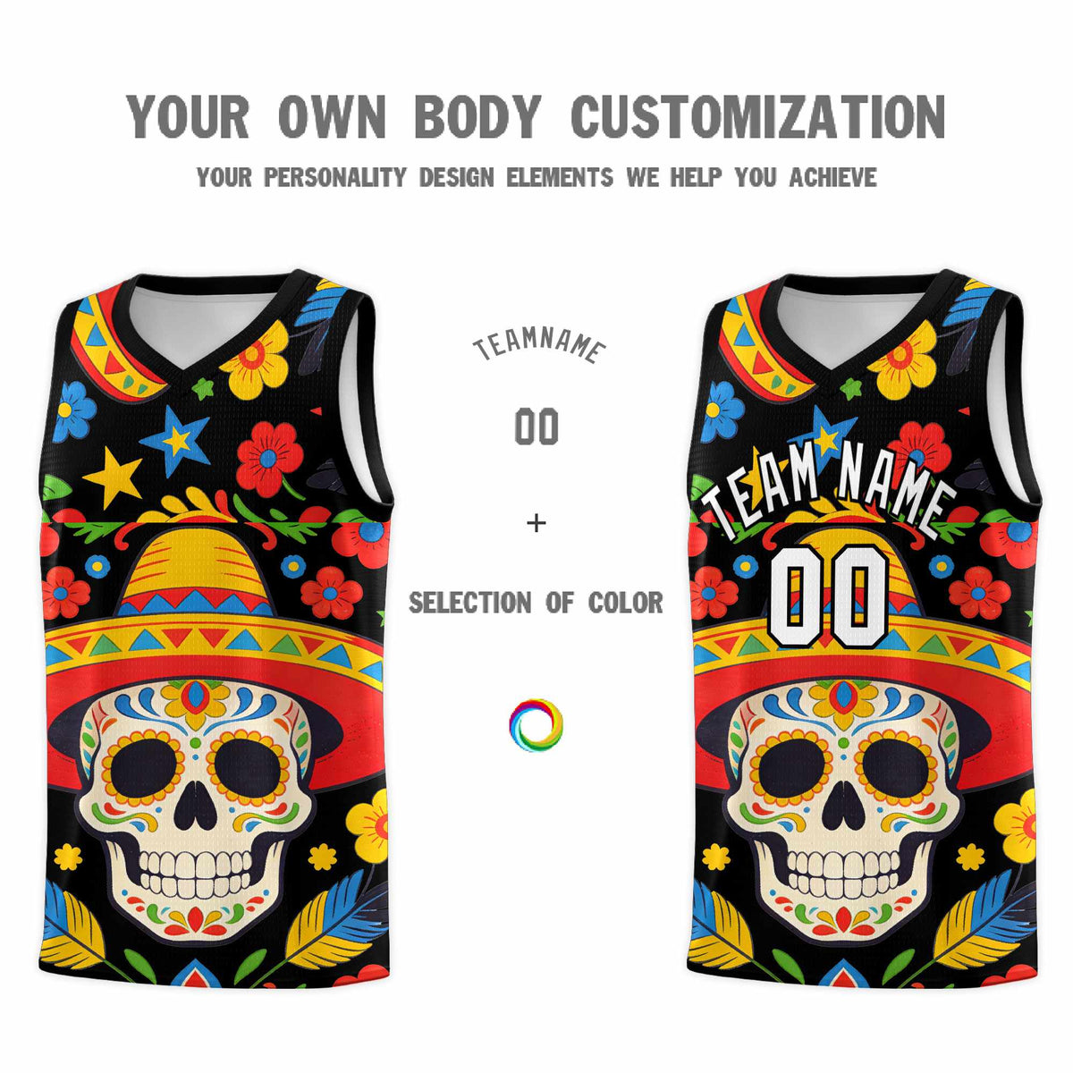 Custom Black Skeleton Mexican Colors Graffiti Patterns Breathable Uniform Basketball Jersey