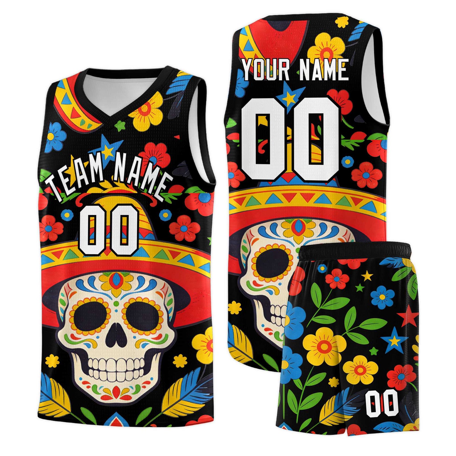 Custom Black Skeleton Mexican Colors Graffiti Patterns Breathable Uniform Basketball Jersey