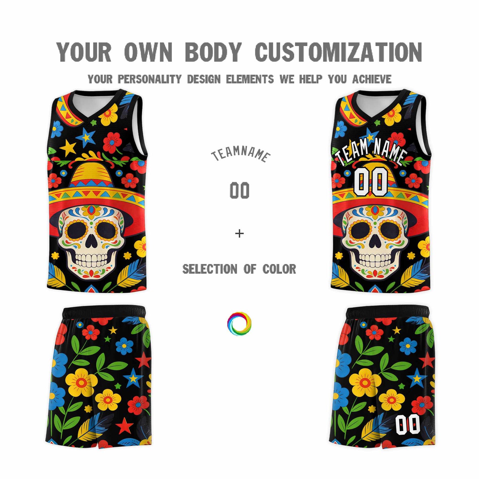 Custom Black Skeleton Mexican Colors Graffiti Patterns Breathable Uniform Basketball Jersey