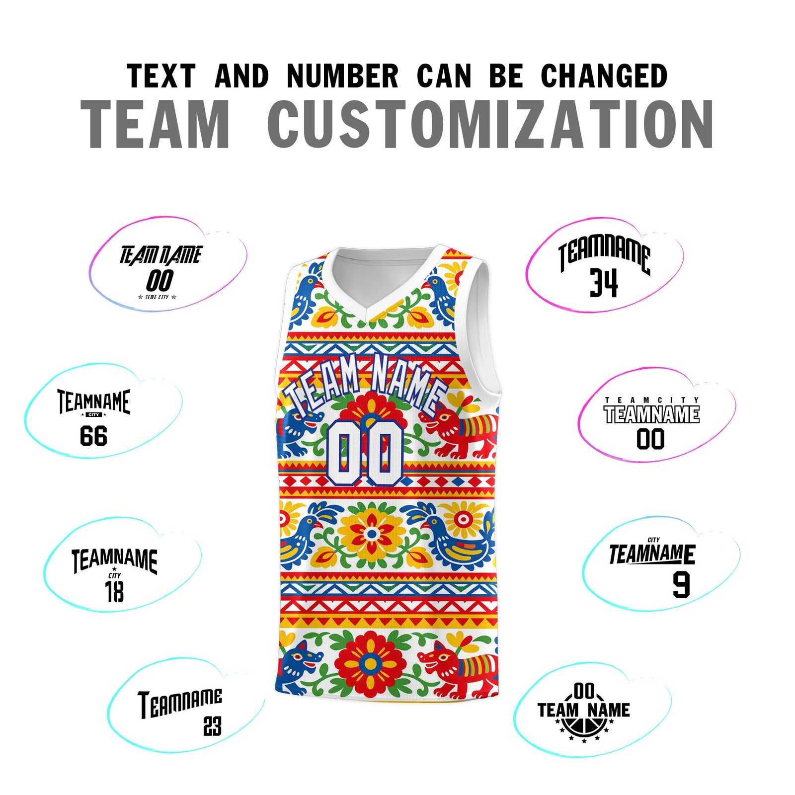Custom White Colorfulflower pattern Mexican Colors Graffiti Patterns Quick-Drying Uniform Basketball Jersey