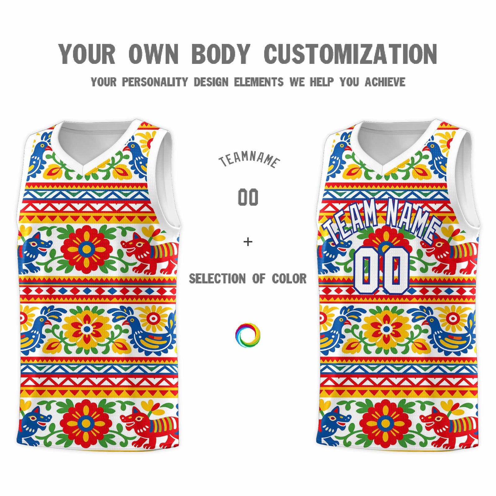 Custom White Colorfulflower pattern Mexican Colors Graffiti Patterns Quick-Drying Uniform Basketball Jersey