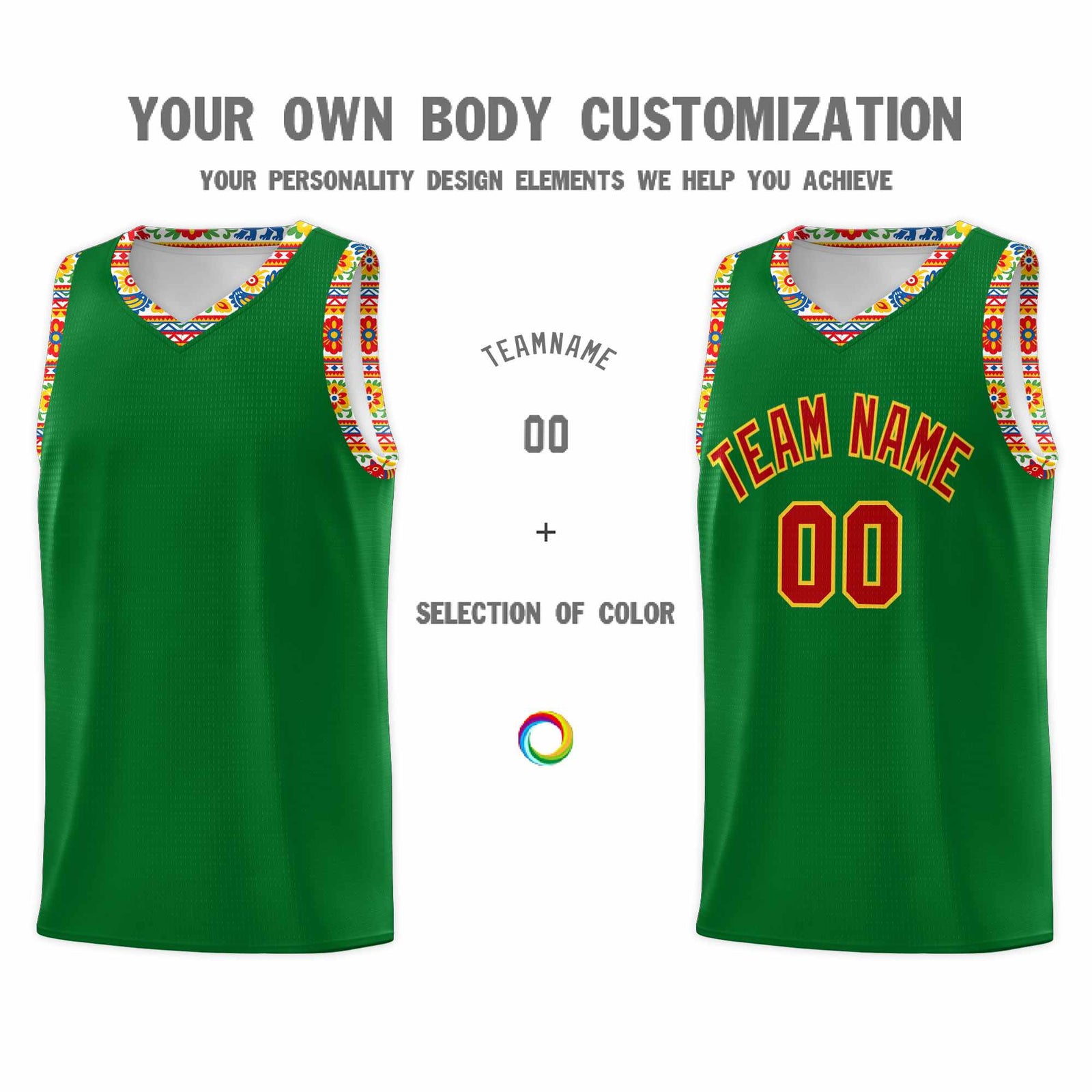 Custom Kelly Green Colorfulflower pattern Mexican Colors Graffiti Patterns Lightweight Uniform Basketball Jersey