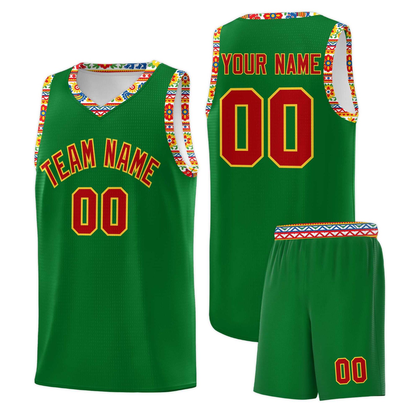 Custom Kelly Green Colorfulflower pattern Mexican Colors Graffiti Patterns Lightweight Uniform Basketball Jersey