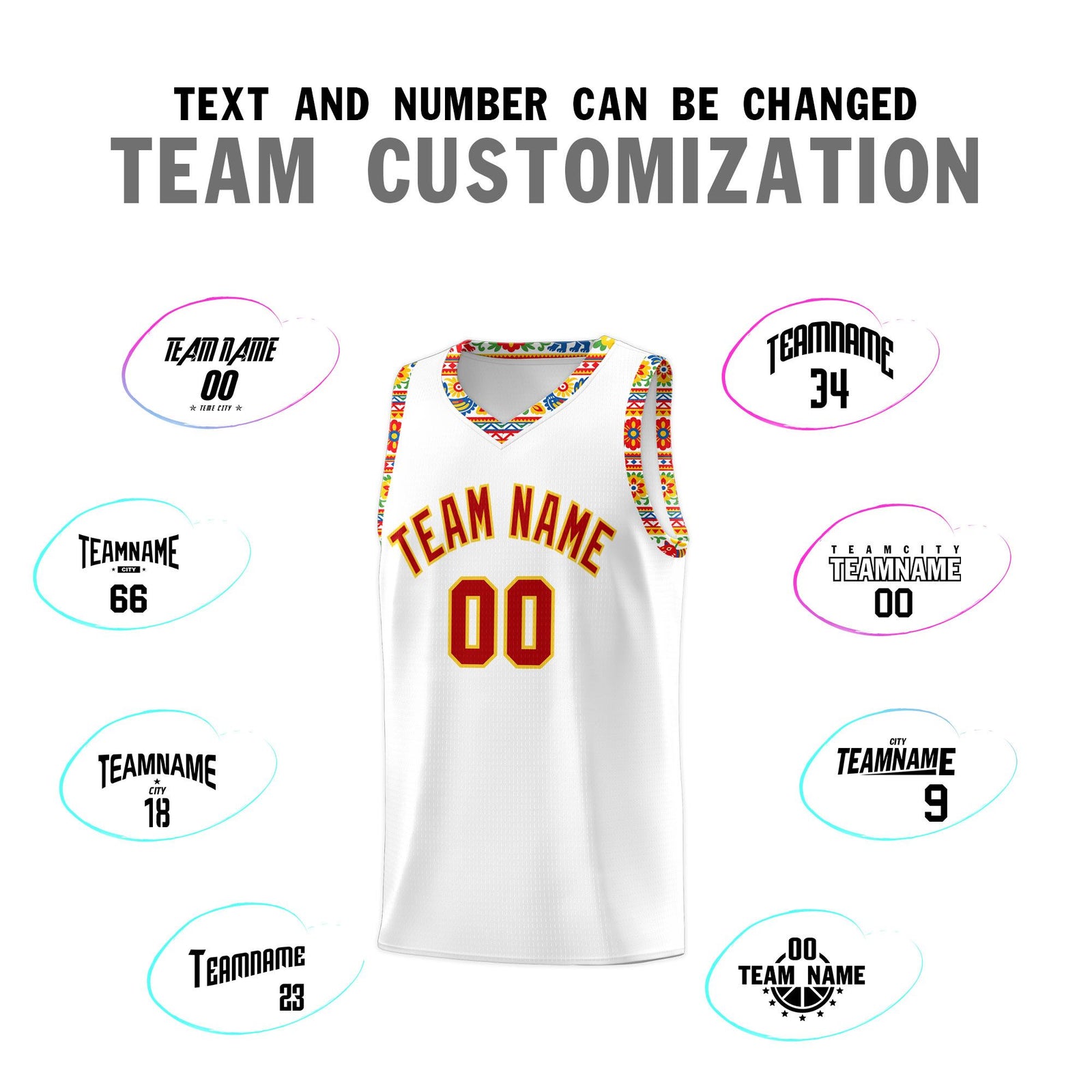 Custom White Colorfulflower pattern Mexican Colors Graffiti Patterns Wrinkle-Resistant Uniform Basketball Jersey