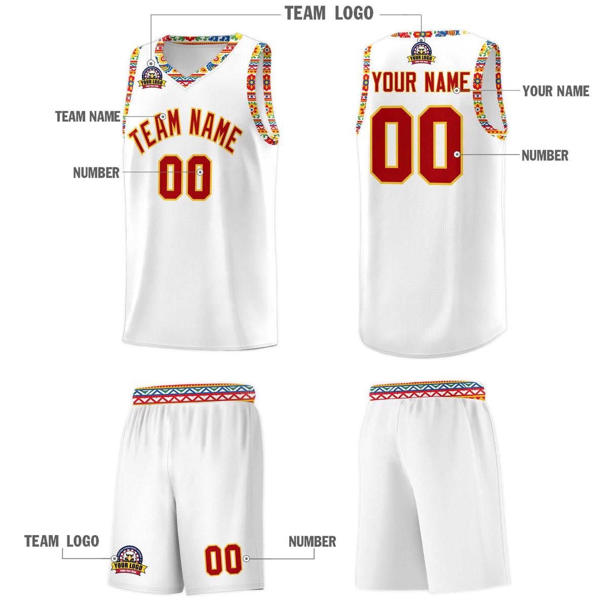 Custom White Colorfulflower pattern Mexican Colors Graffiti Patterns Wrinkle-Resistant Uniform Basketball Jersey