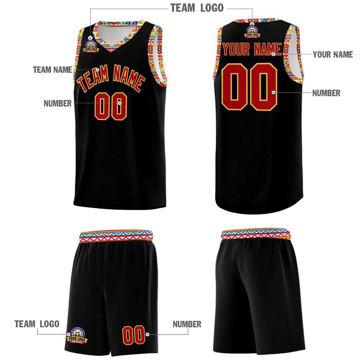 Custom Black Colorfulflower pattern Mexican Colors Graffiti Patterns Sublimation Printing Uniform Basketball Jersey
