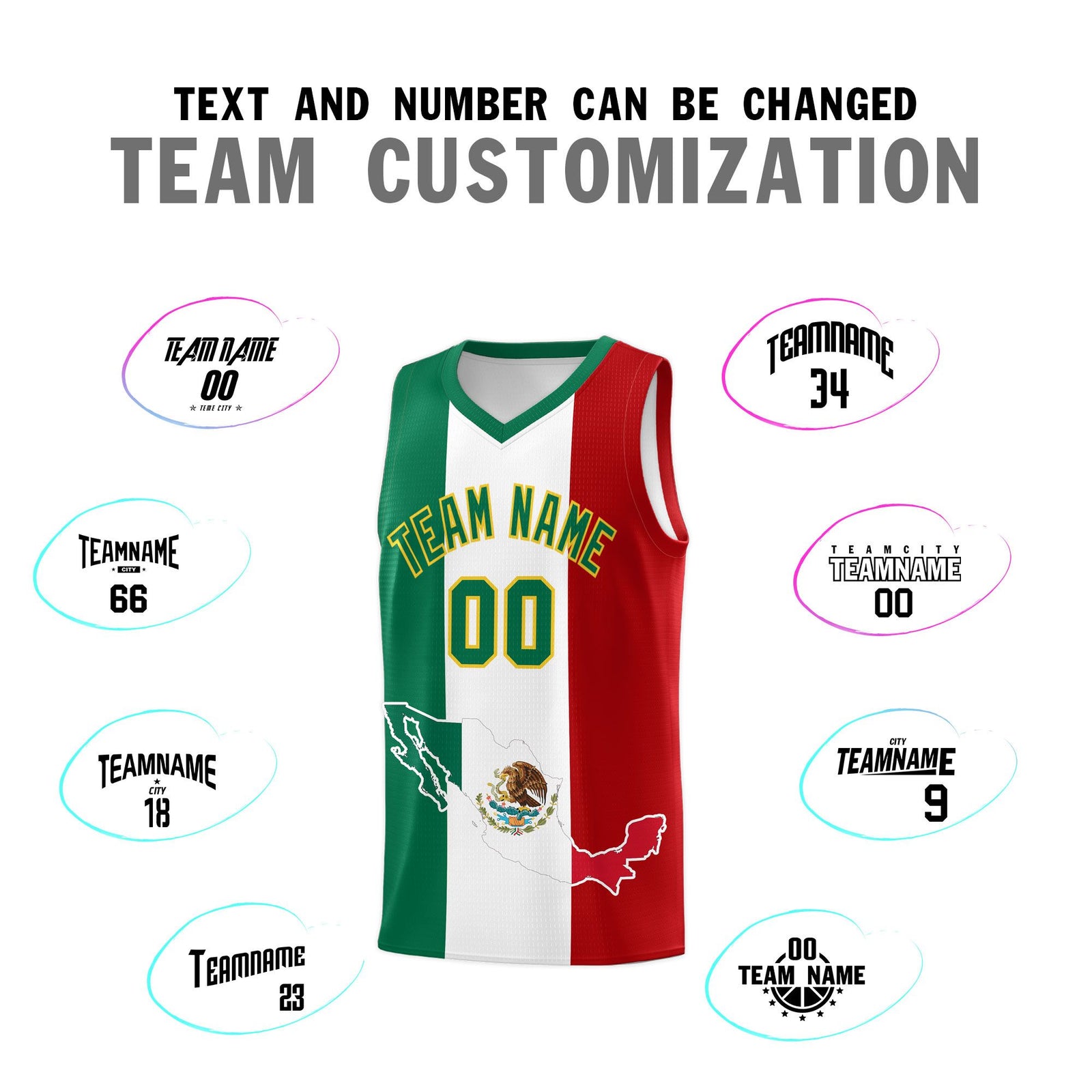 Custom White Kelly Green Red Mexican Colors Graffiti Patterns Quick-Drying Uniform Basketball Jersey
