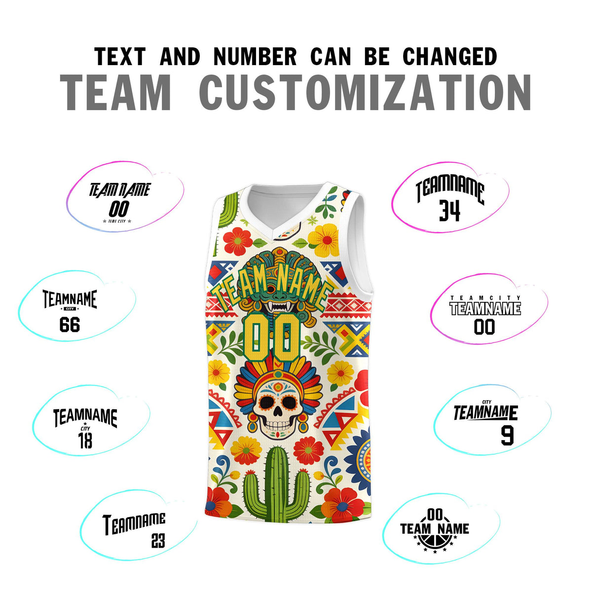 Custom White Skeleton Mexican Colors Graffiti Patterns Sublimation Printing Uniform Basketball Jersey