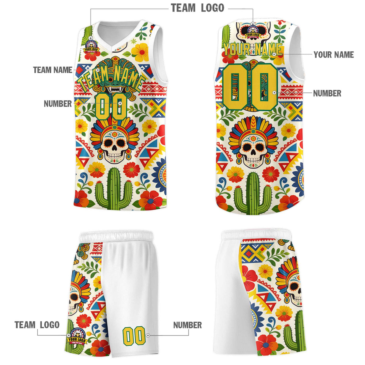 Custom White Skeleton Mexican Colors Graffiti Patterns Sublimation Printing Uniform Basketball Jersey