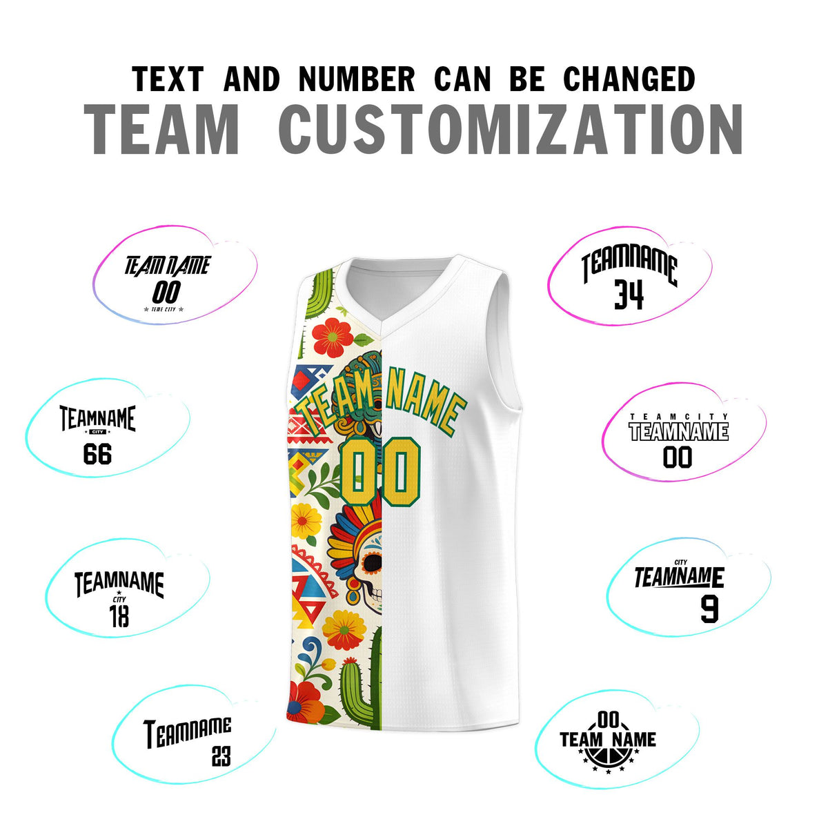 Custom White Skeleton Mexican Colors Graffiti Patterns Breathable Uniform Basketball Jersey
