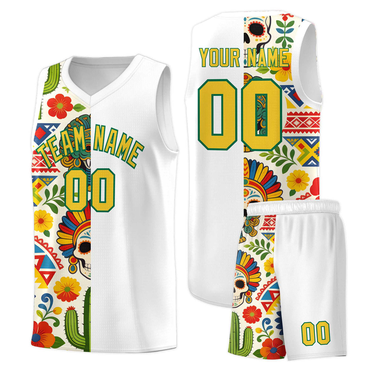 Custom White Skeleton Mexican Colors Graffiti Patterns Breathable Uniform Basketball Jersey