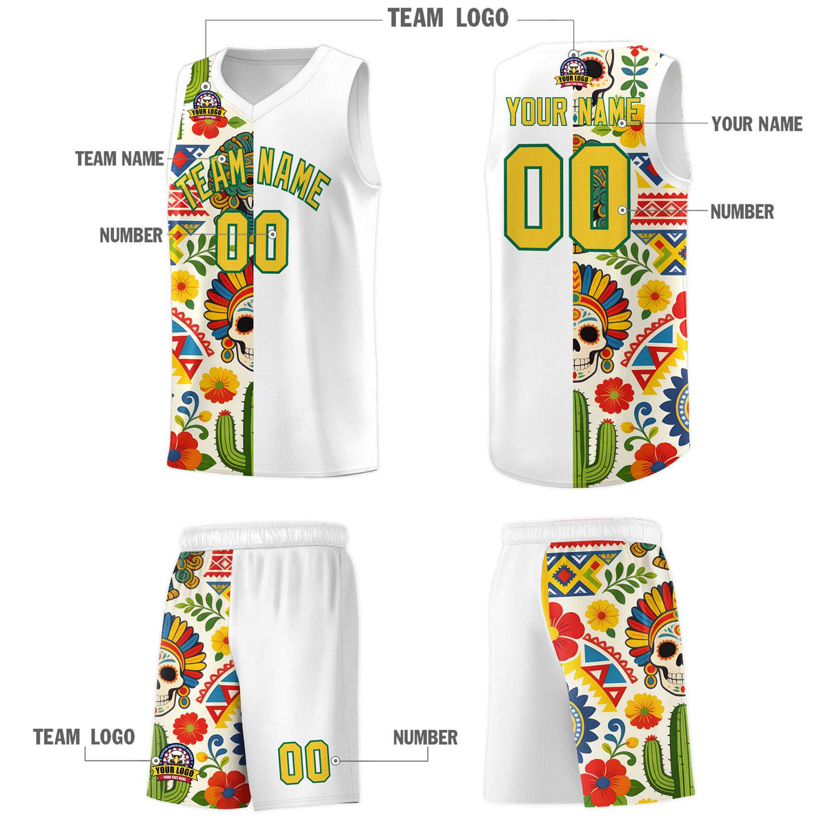 Custom White Skeleton Mexican Colors Graffiti Patterns Breathable Uniform Basketball Jersey