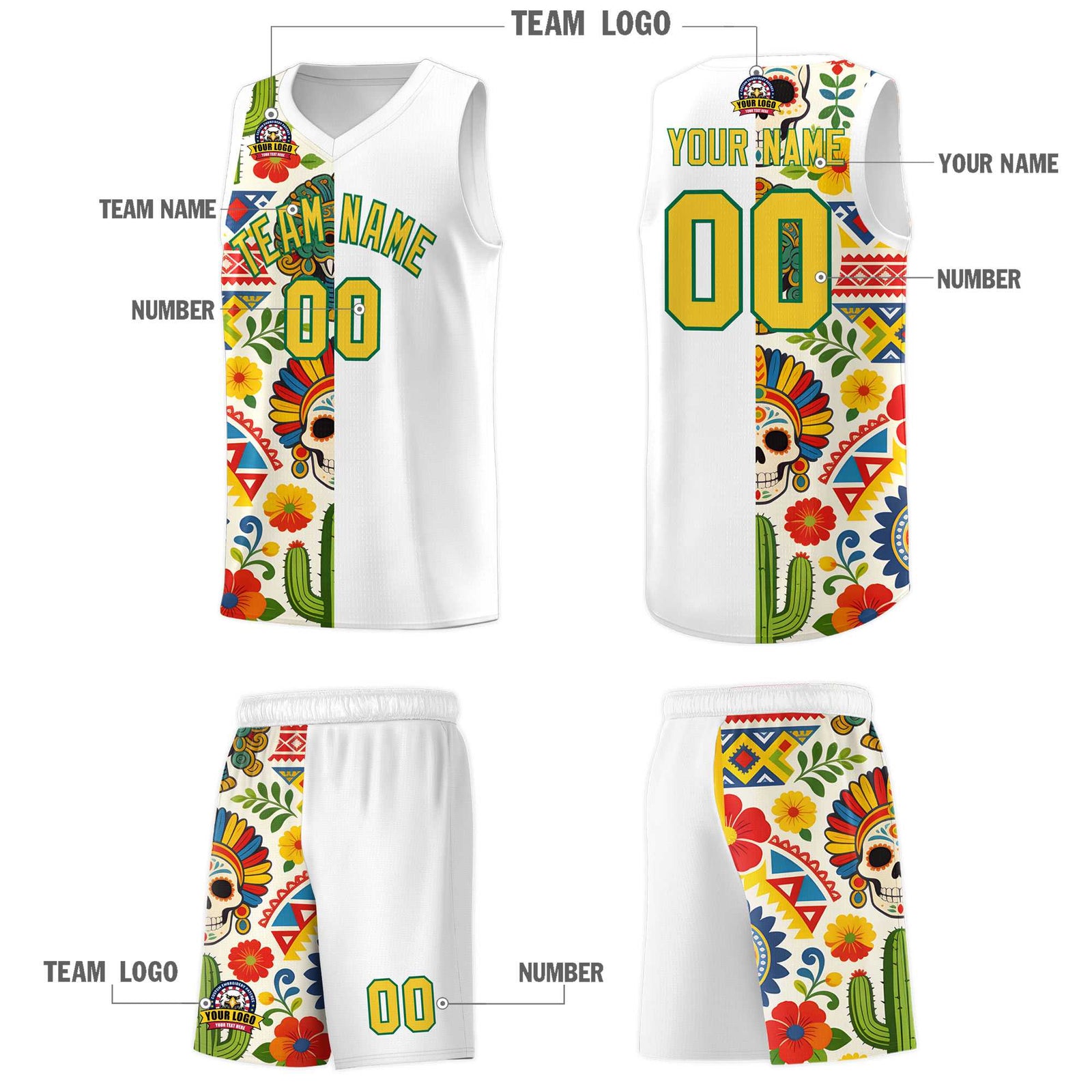Custom White Skeleton Mexican Colors Graffiti Patterns Breathable Uniform Basketball Jersey