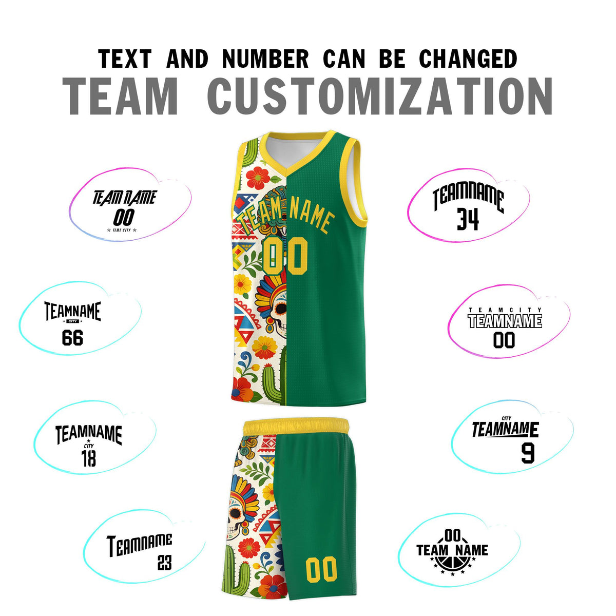 Custom Kelly Green Skeleton Mexican Colors Graffiti Patterns Quick-Drying Uniform Basketball Jersey