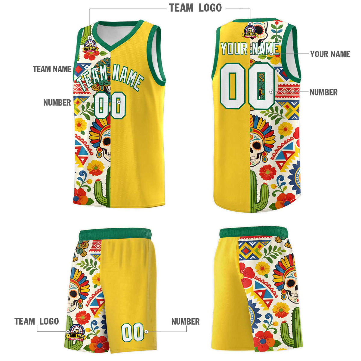 Custom Gold Skeleton Mexican Colors Graffiti Patterns Lightweight Uniform Basketball Jersey