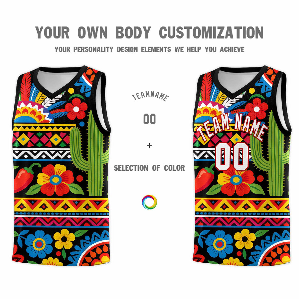 Custom Black Cactus Mexican Colors Graffiti Patterns Wrinkle-Resistant Uniform Basketball Jersey