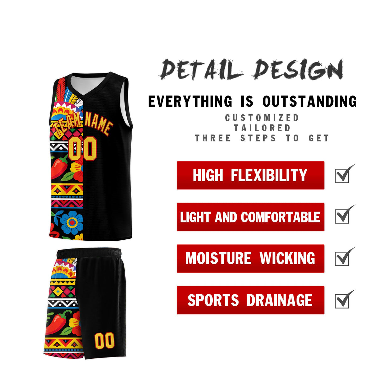 Custom Black Cactus Mexican Colors Graffiti Patterns Drapable Uniform Basketball Jersey