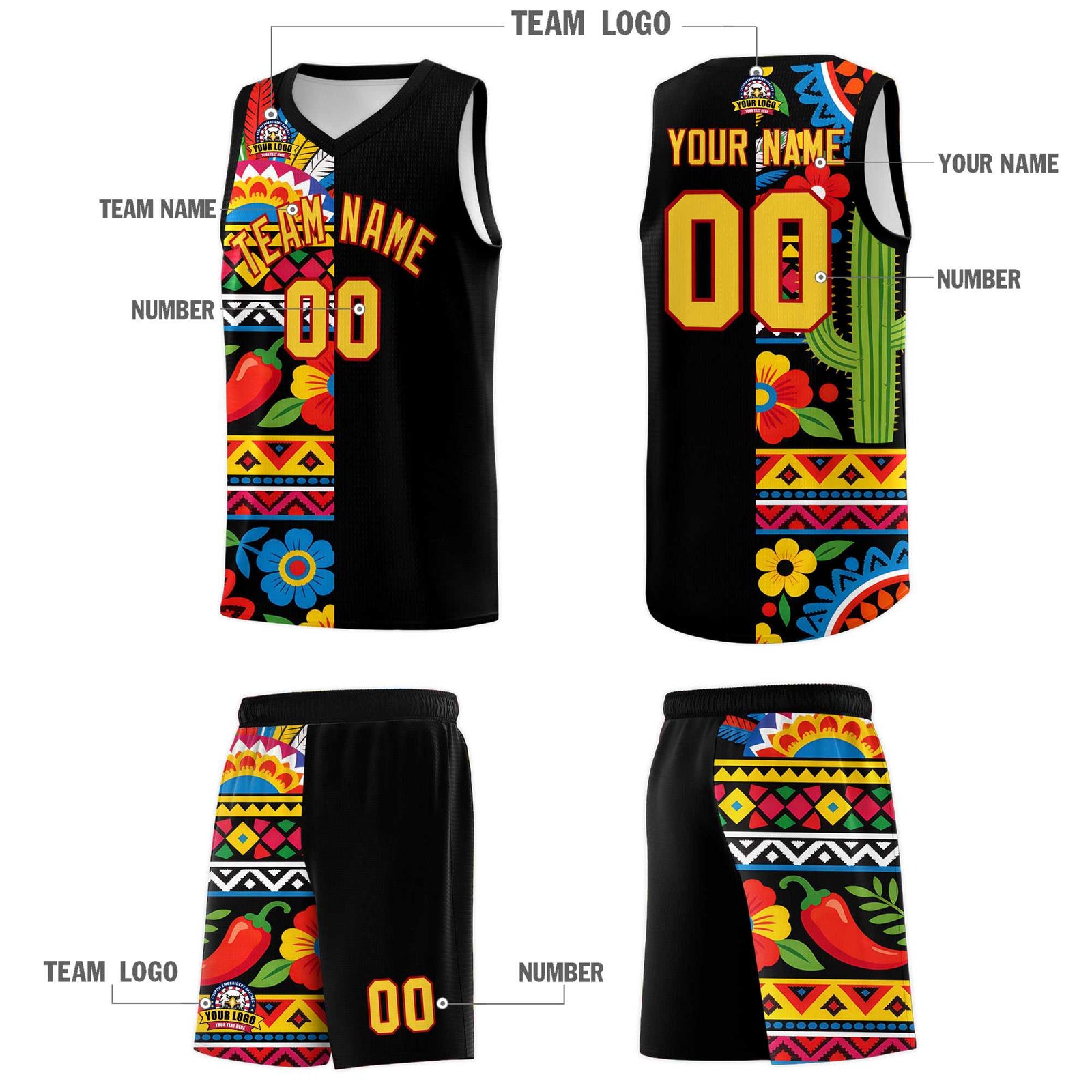 Custom Black Cactus Mexican Colors Graffiti Patterns Drapable Uniform Basketball Jersey