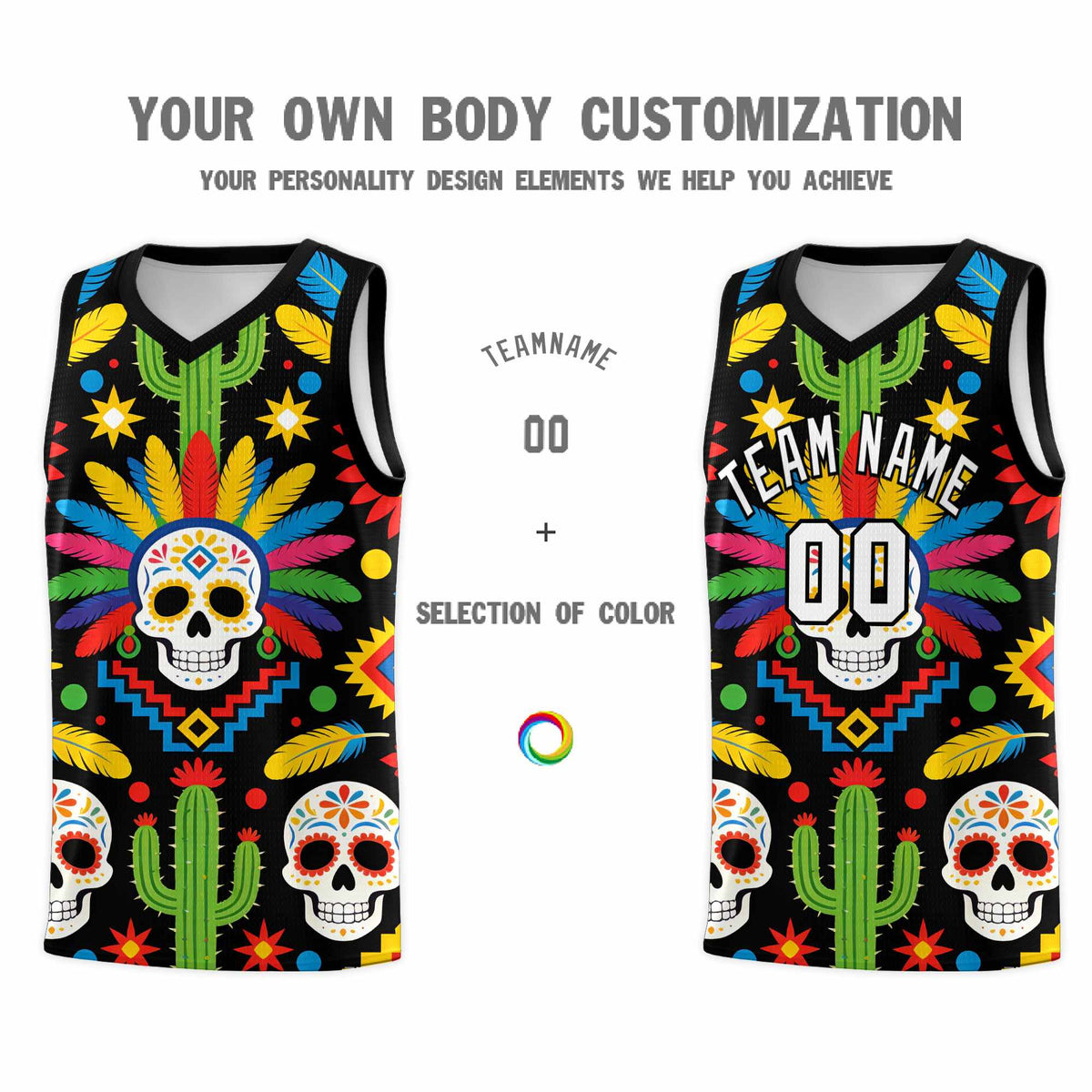 Custom Black Skeleton Mexican Colors Graffiti Patterns Sublimation Printing Uniform Basketball Jersey