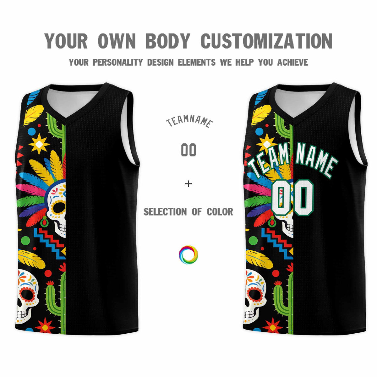 Custom Black Skeleton Mexican Colors Graffiti Patterns Breathable Uniform Basketball Jersey