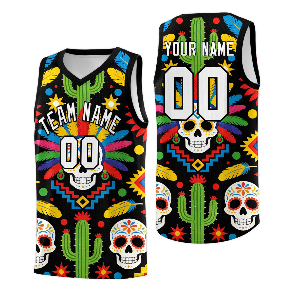Custom Black Skeleton Mexican Colors Graffiti Patterns Quick-Drying Uniform Basketball Jersey