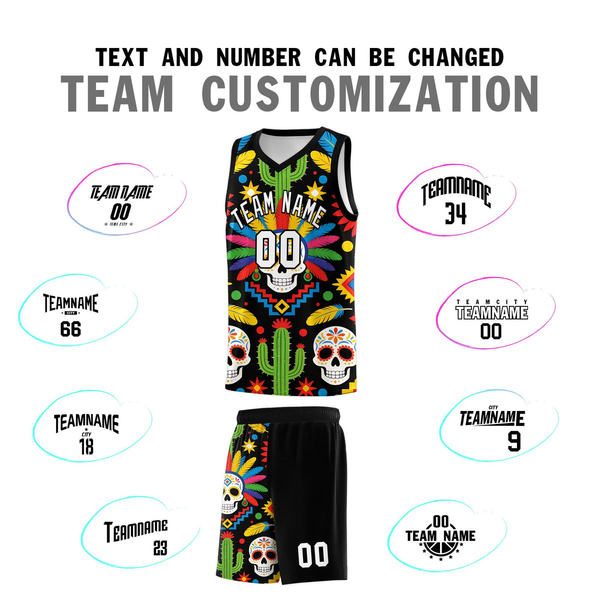 Custom Black Skeleton Mexican Colors Graffiti Patterns Quick-Drying Uniform Basketball Jersey